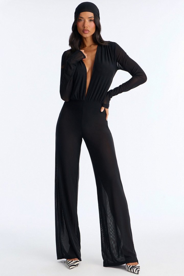 Sara Plunge Neck Jumpsuit And Headscarf 2 Piece Set - Black
