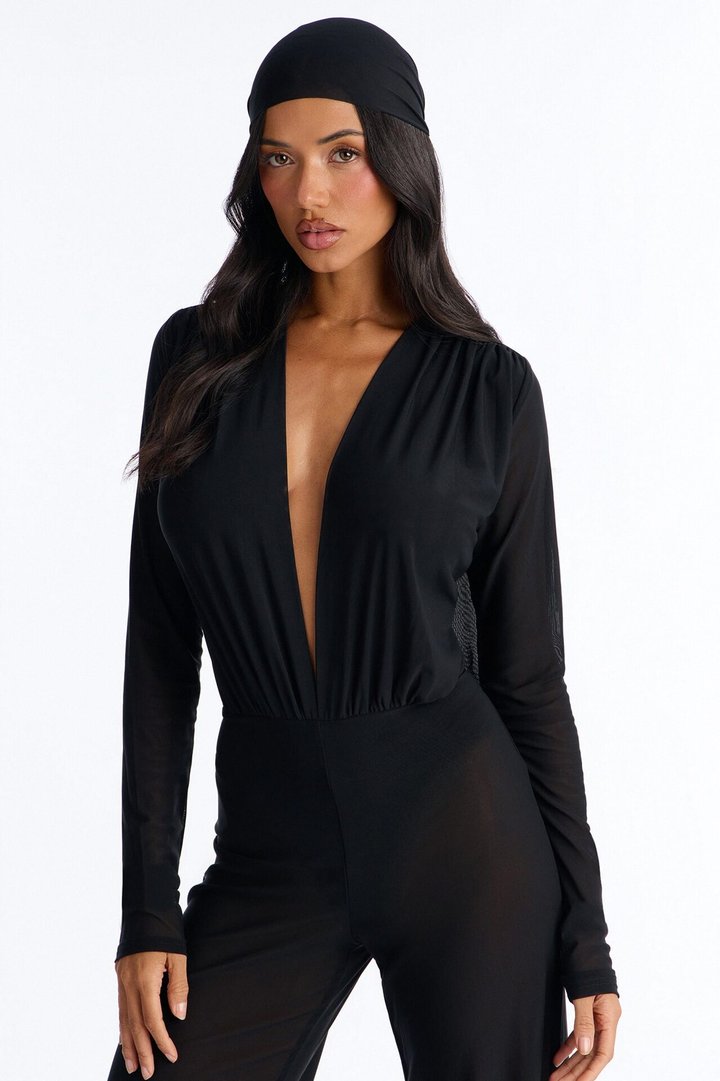 Sara Plunge Neck Jumpsuit And Headscarf 2 Piece Set - Black