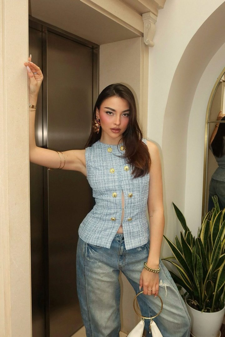 Elegant Love Tweed Vest Top - Blue