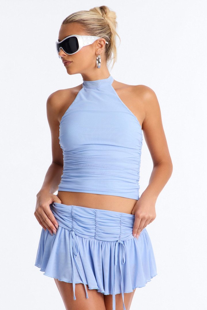 Amaya Mesh Halter Mini Skirt Set - Blue