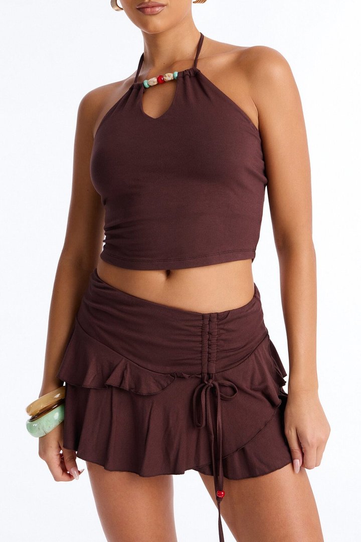 Keep Flattering Halter Ruffle Skirt Set - Chocolate