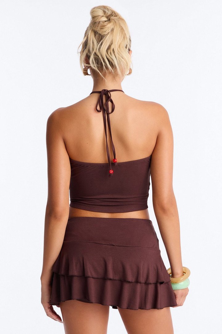 Keep Flattering Halter Ruffle Skirt Set - Chocolate