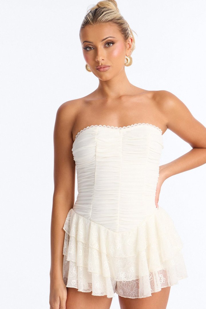 Leana Lace Ruffle Romper - Ivory
