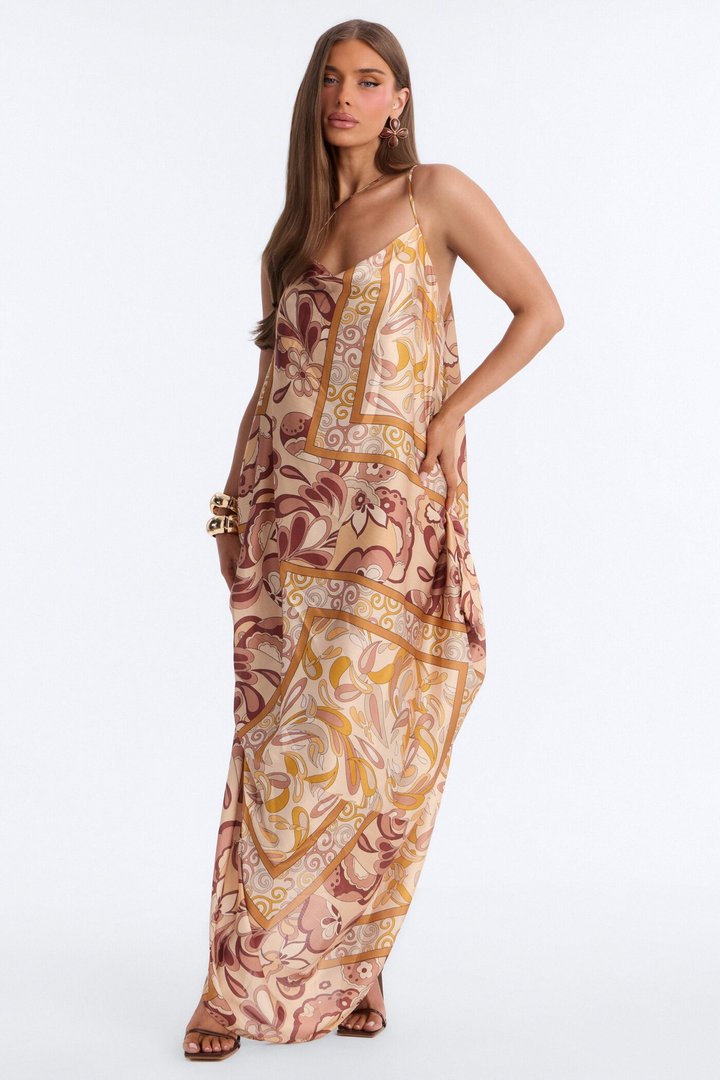 Kaylie Draped Satin Flowy Maxi Dress - Mustard/combo