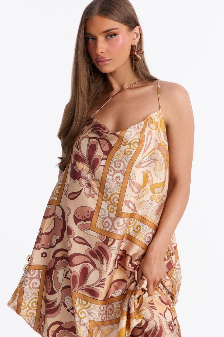 Kaylie Draped Satin Flowy Maxi Dress - Mustard/combo