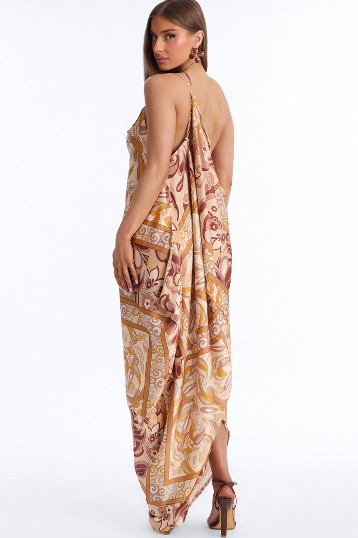 Kaylie Draped Satin Flowy Maxi Dress - Mustard/combo