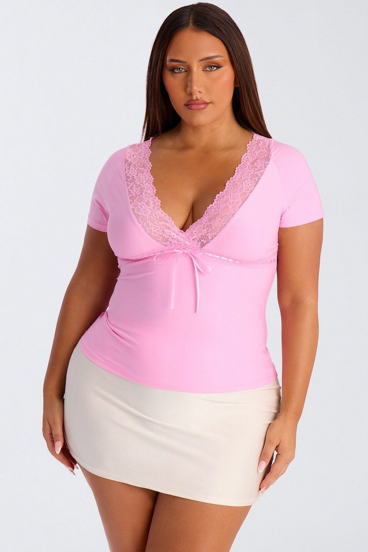 Bridget Lace Trim Short Sleeve Top - Pink