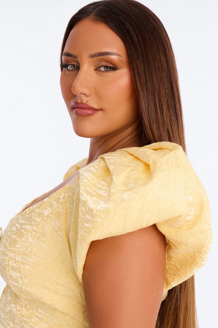 Royal Attitude Puff Sleeve Lace Up Top - Butter Yellow