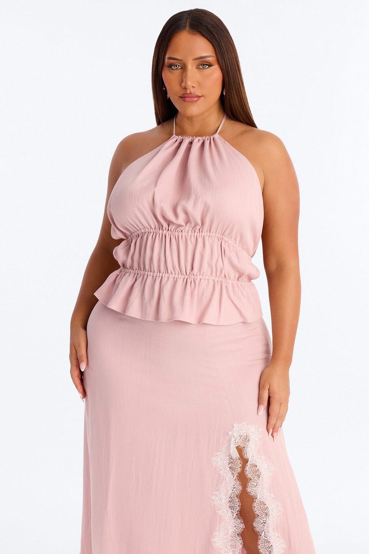 Valerie Lace Trim Linen Skirt Set - Pink