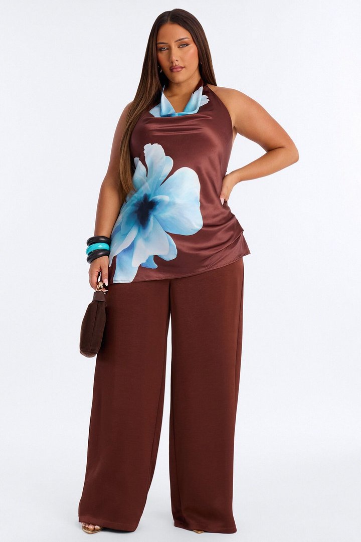 Greta Satin Floral High Neck Jumpsuit - Chocolate