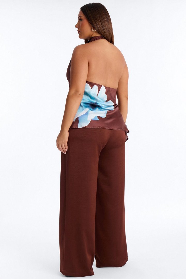 Greta Satin Floral High Neck Jumpsuit - Chocolate