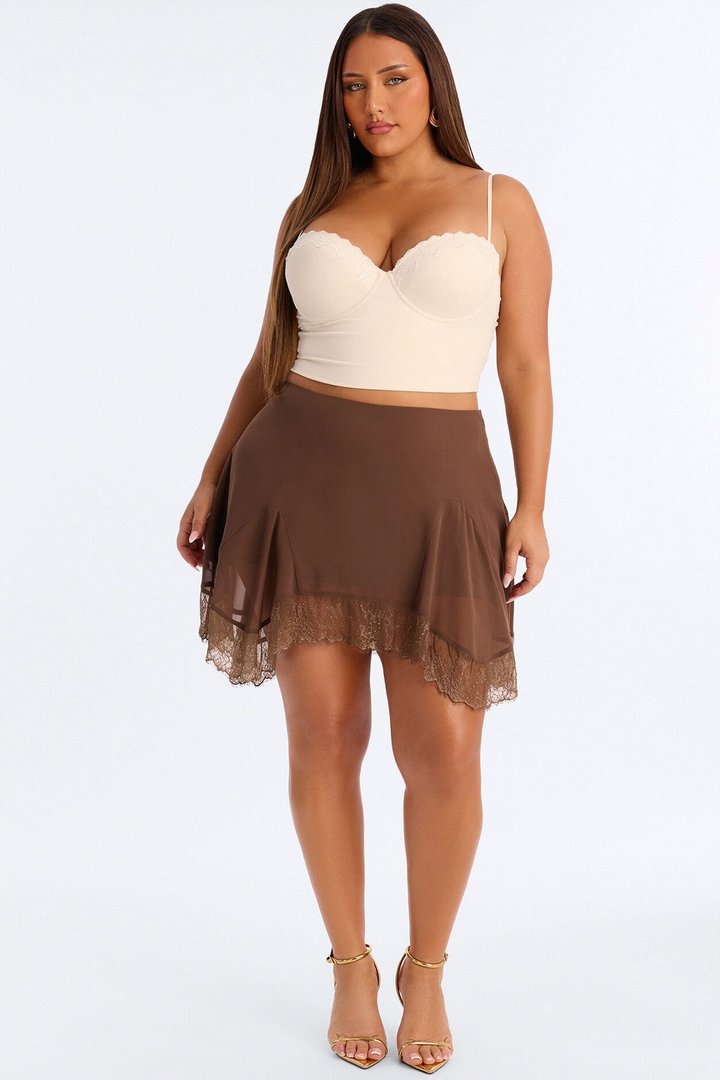 Sue Ellen Lace Trim Flowy Mini Skirt - Brown