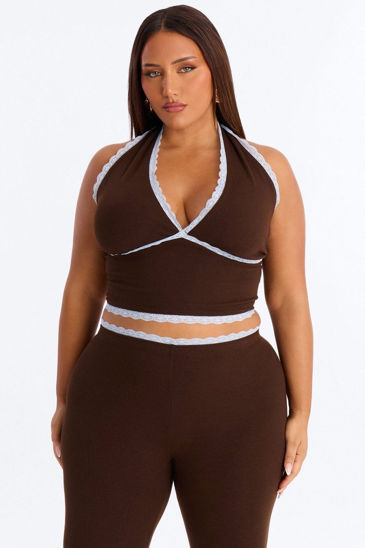 Your's Truly Halter Laced Ribbed Capri Set - Chocolate/Combo