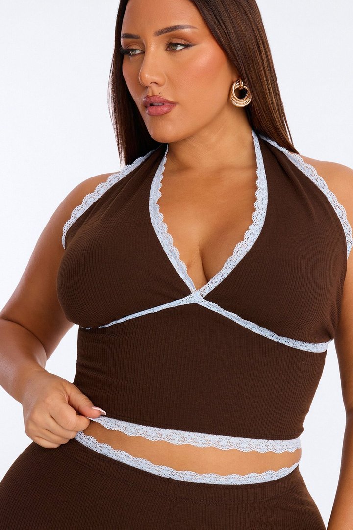 Your's Truly Halter Laced Ribbed Capri Set - Chocolate/Combo