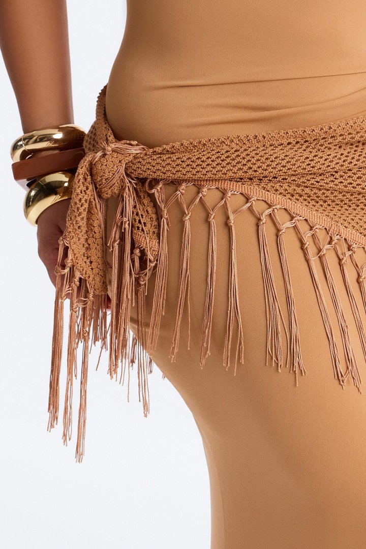 Santorini 2 Piece Fringe Scarf Maxi Dress - Camel
