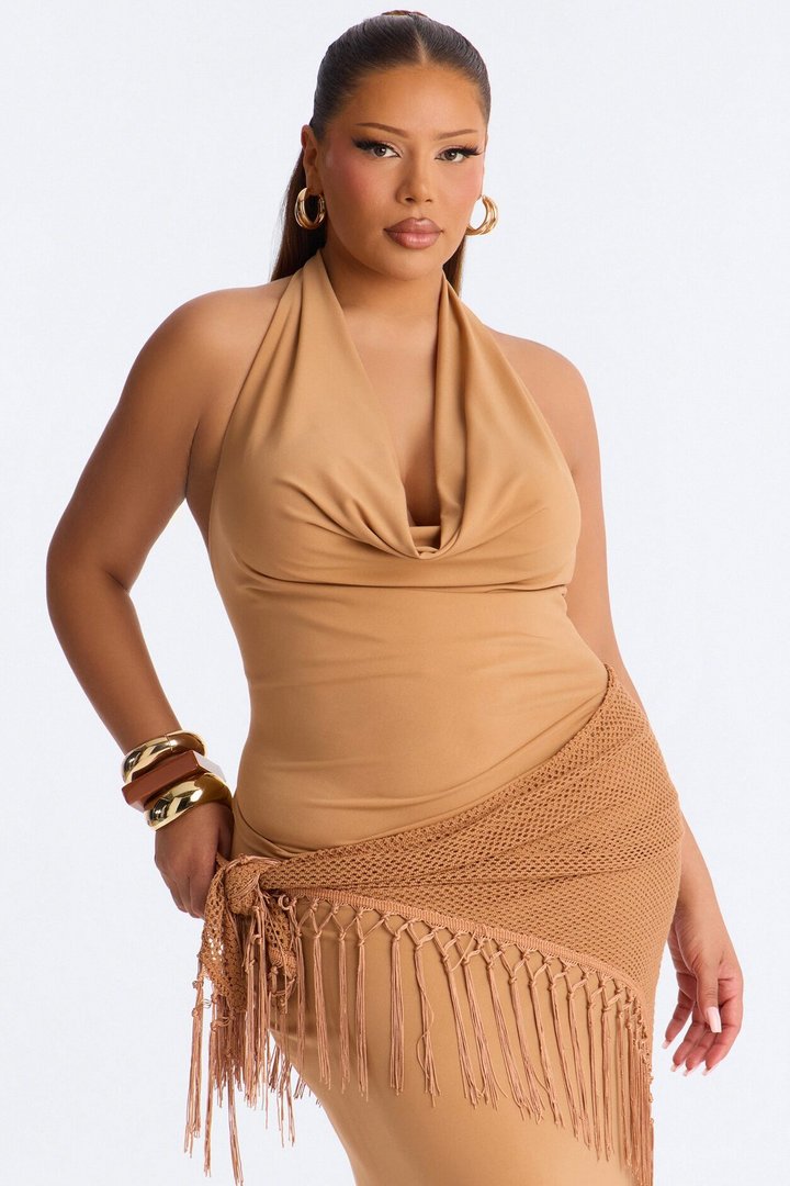 Santorini 2 Piece Fringe Scarf Maxi Dress - Camel