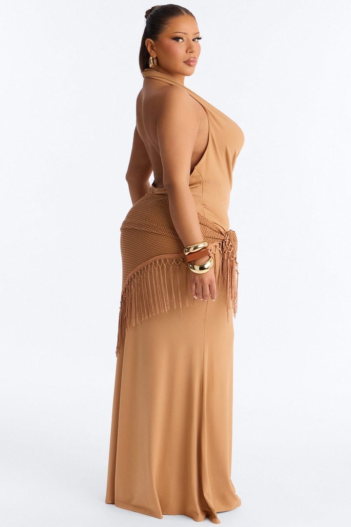 Santorini 2 Piece Fringe Scarf Maxi Dress - Camel