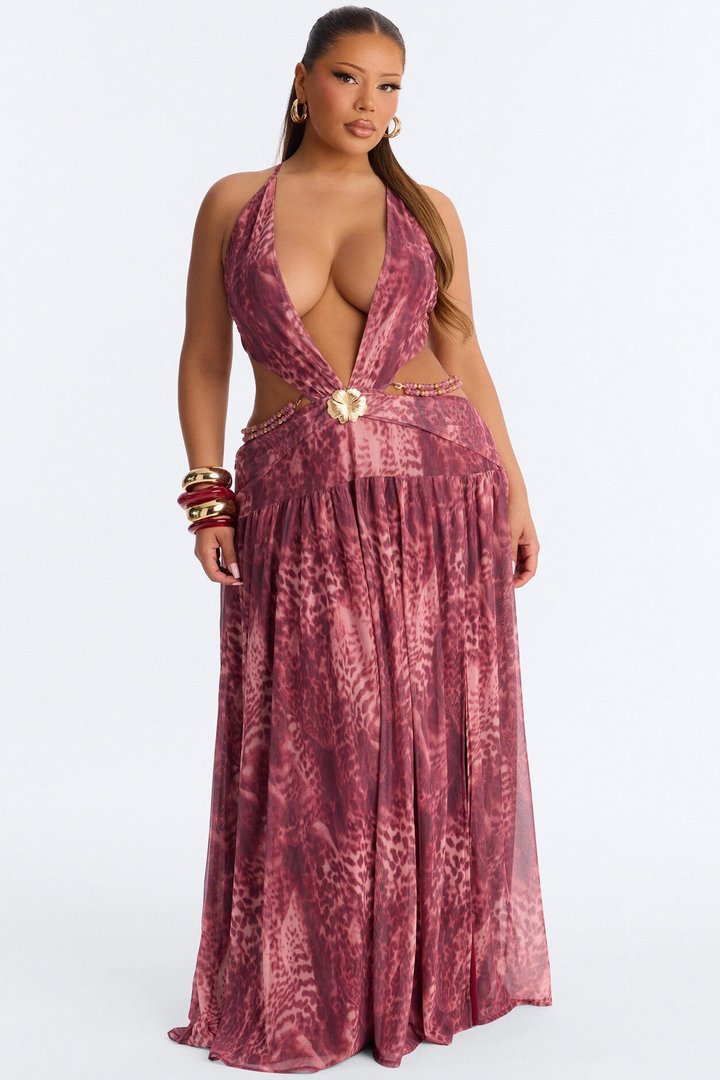 Corinna Cut Out Beaded Mesh Maxi Dress - Pink/combo