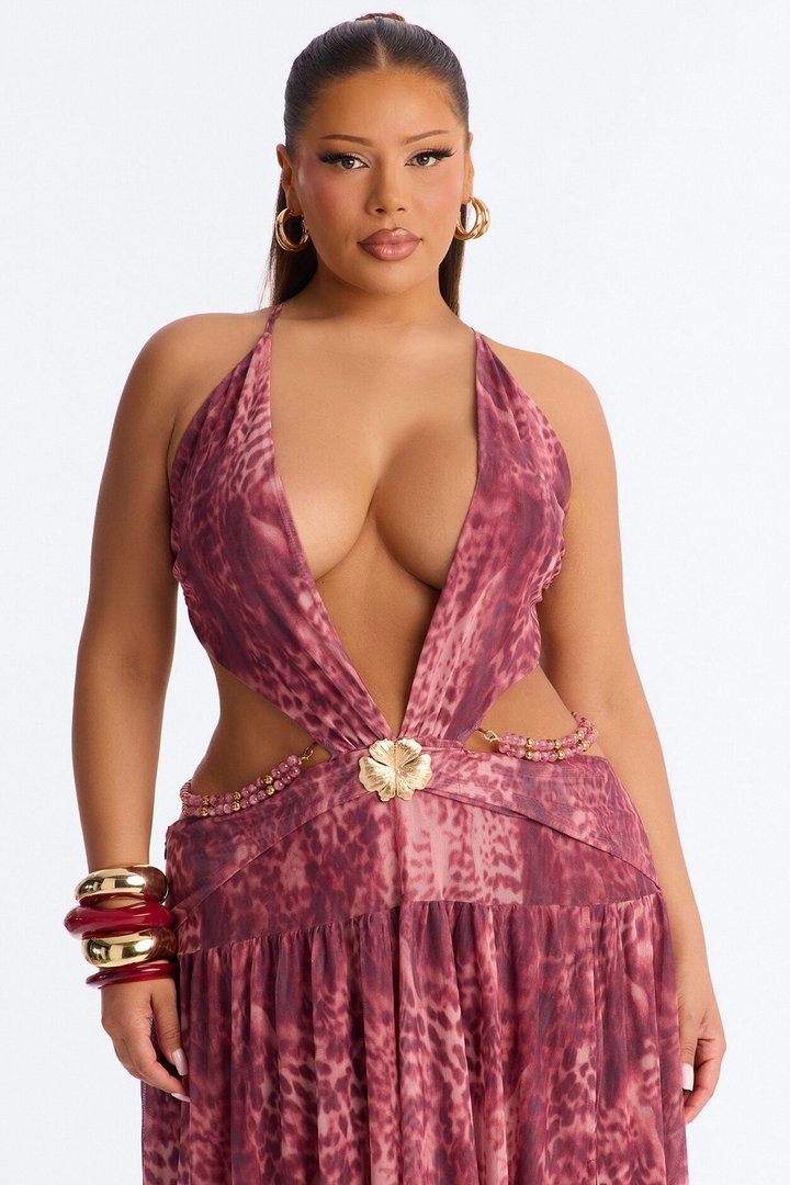 Corinna Cut Out Beaded Mesh Maxi Dress - Pink/combo