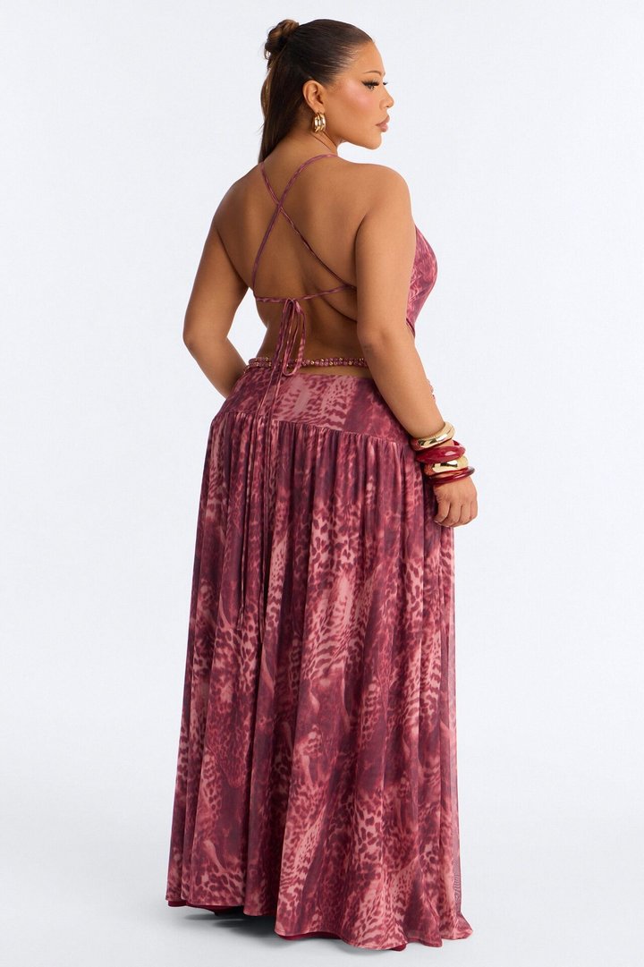 Corinna Cut Out Beaded Mesh Maxi Dress - Pink/combo