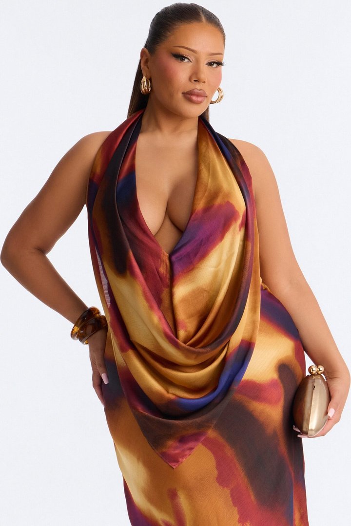 Heat Check Cowl Neck Satin Maxi Dress - Plum/Multi