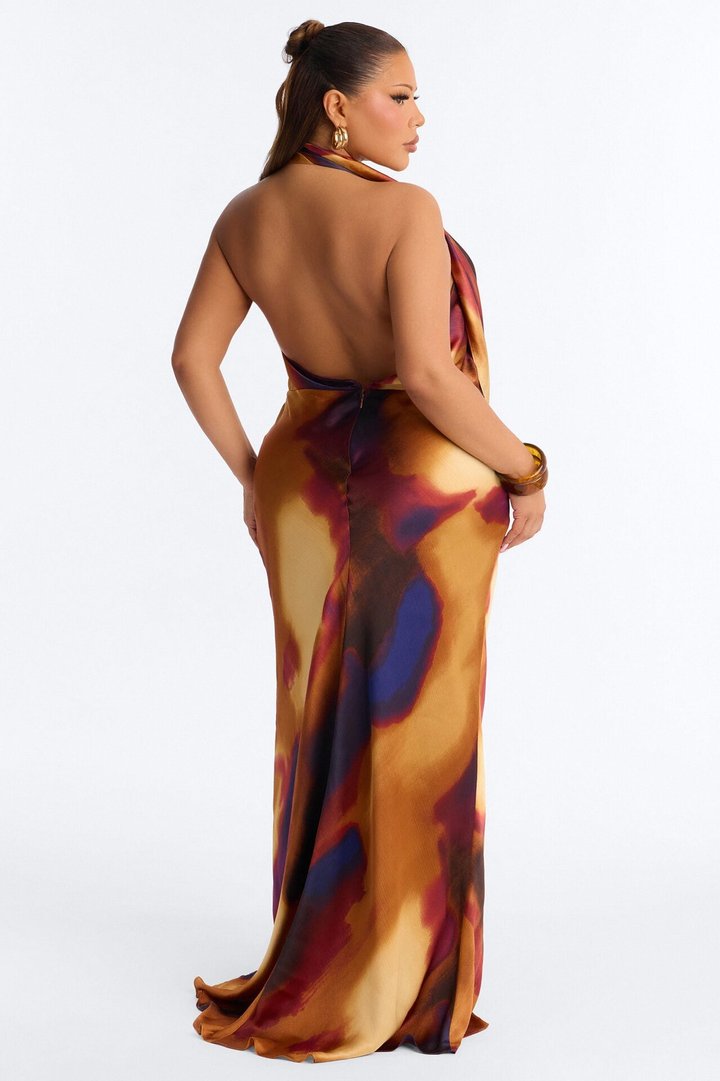Heat Check Cowl Neck Satin Maxi Dress - Plum/Multi