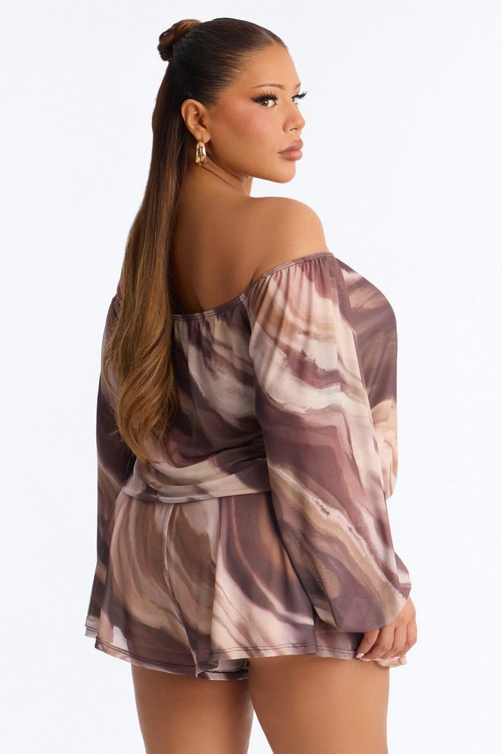 Rana Mesh Off Shoulder Romper - Brown