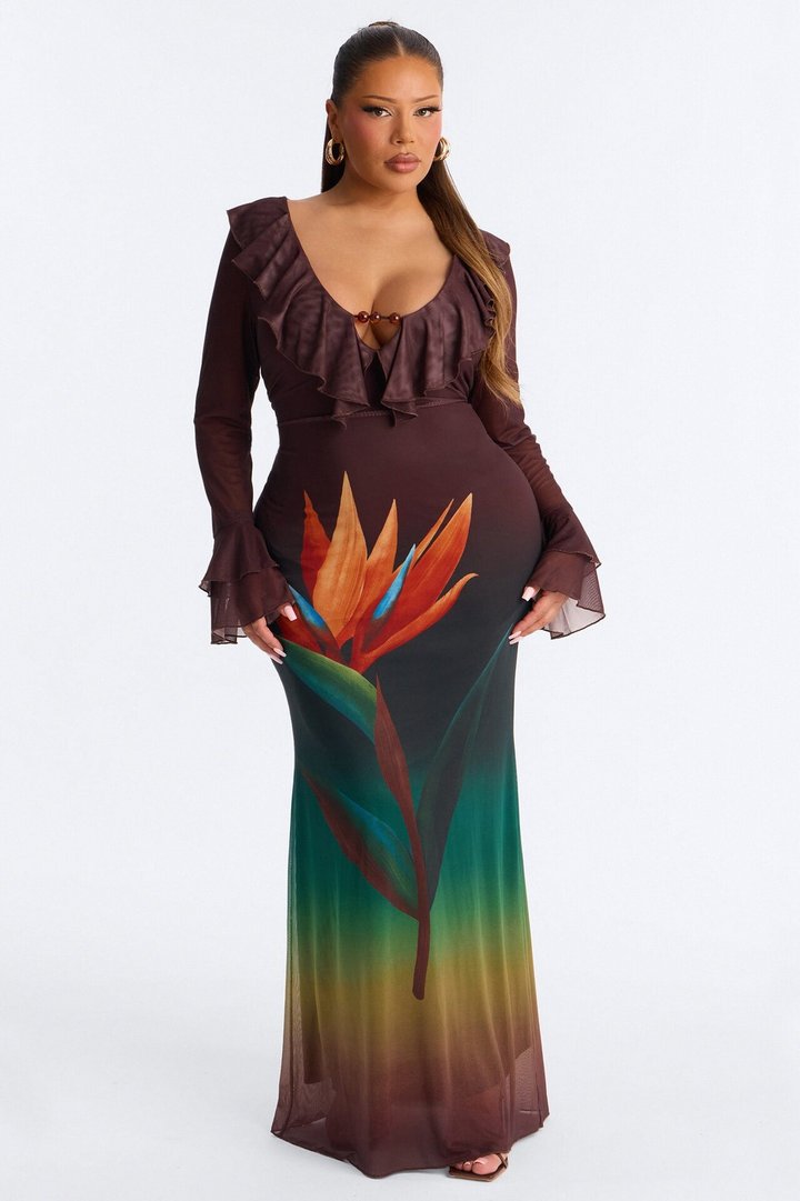 Erica Ruffle Mesh Maxi Dress - Brown/combo