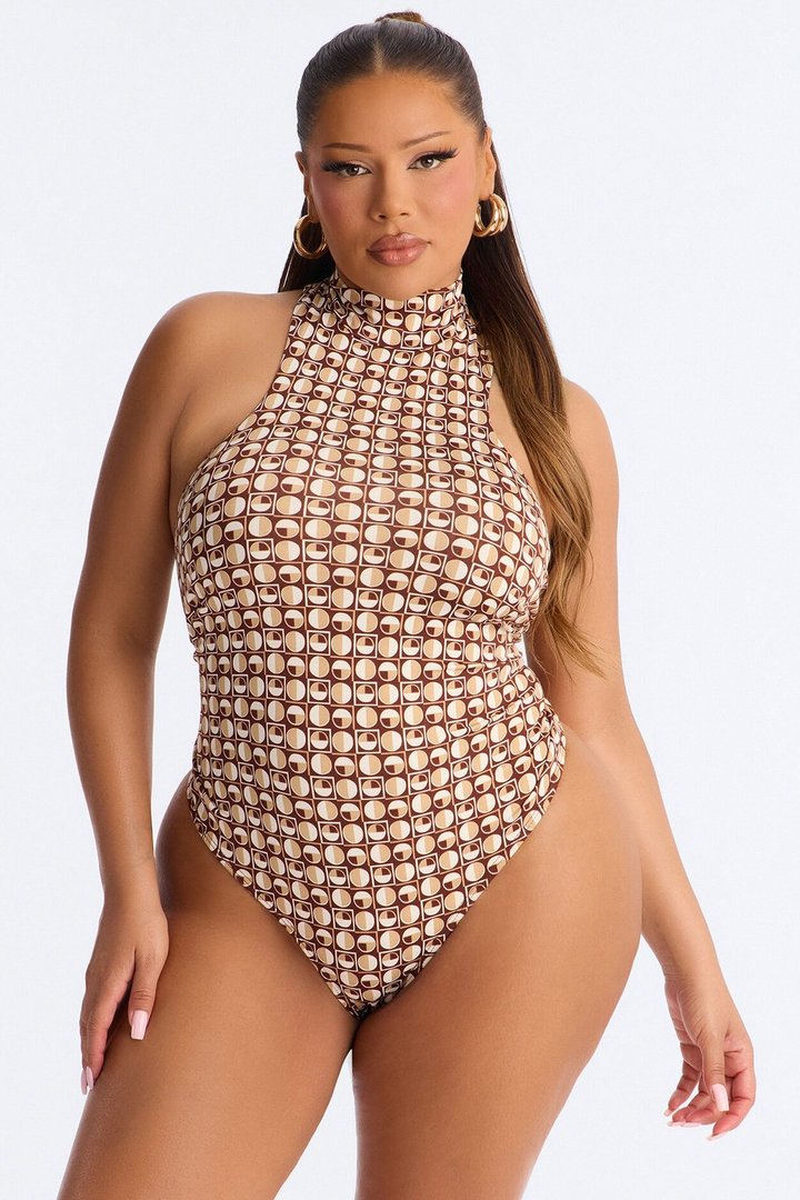 Retro Baddie Mock Neck Sleeveless Bodysuit - Brown/combo
