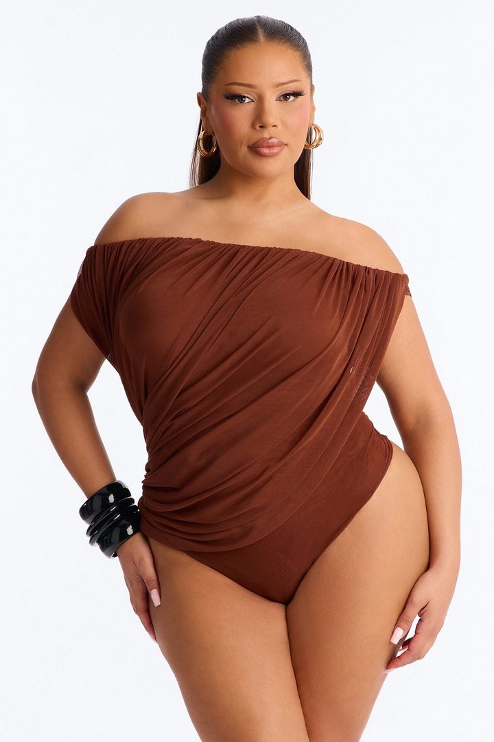 Steff Ruched Off Shoulder Mesh Bodysuit - Brown