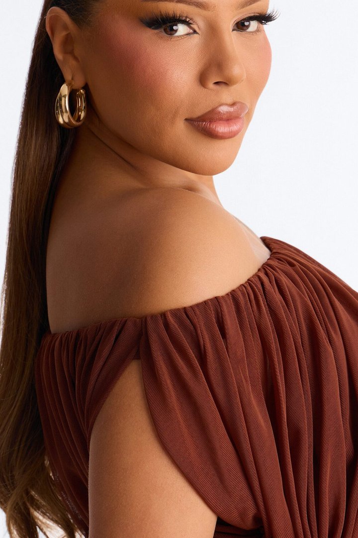 Steff Ruched Off Shoulder Mesh Bodysuit - Brown