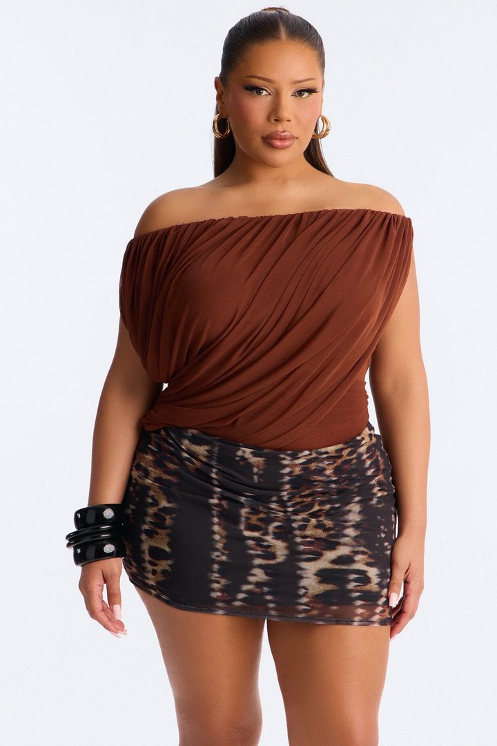 Steff Ruched Off Shoulder Mesh Bodysuit - Brown