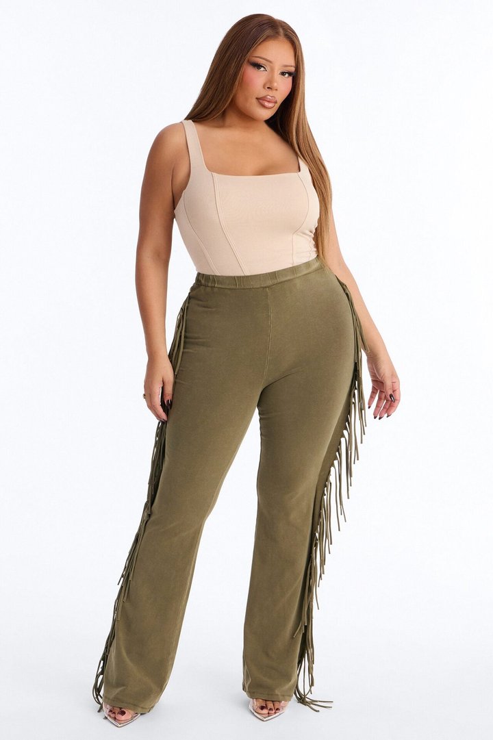 Josie Fringe Washed Mid Rise Flare Pant 33″ - Olive