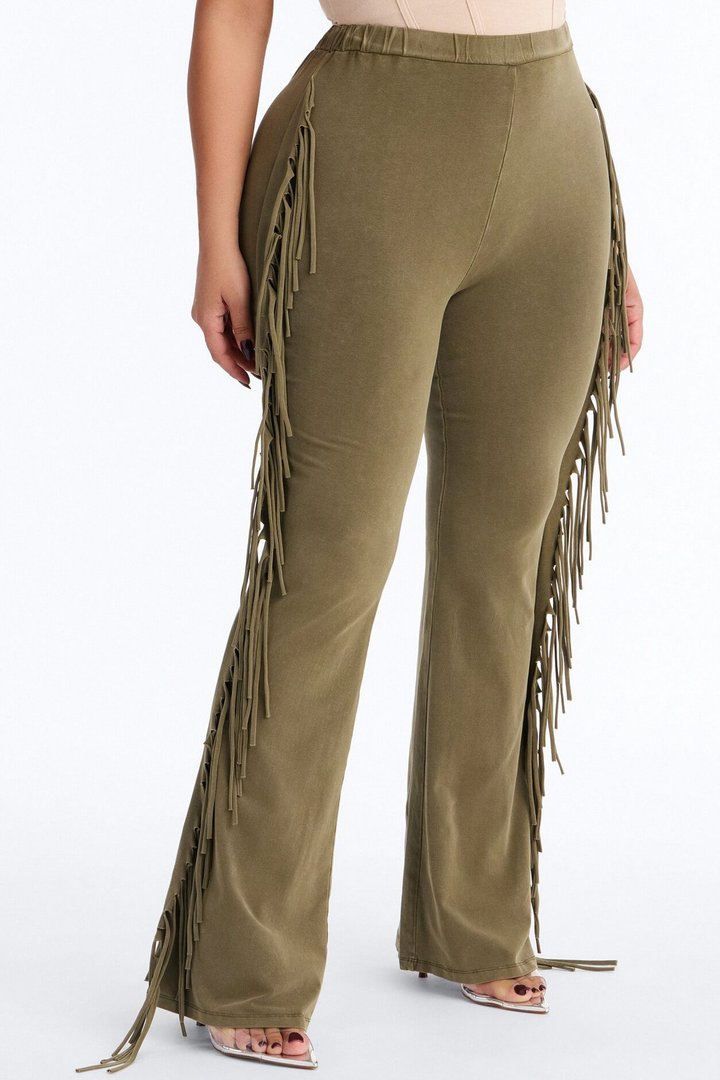 Josie Fringe Washed Mid Rise Flare Pant 33″ - Olive