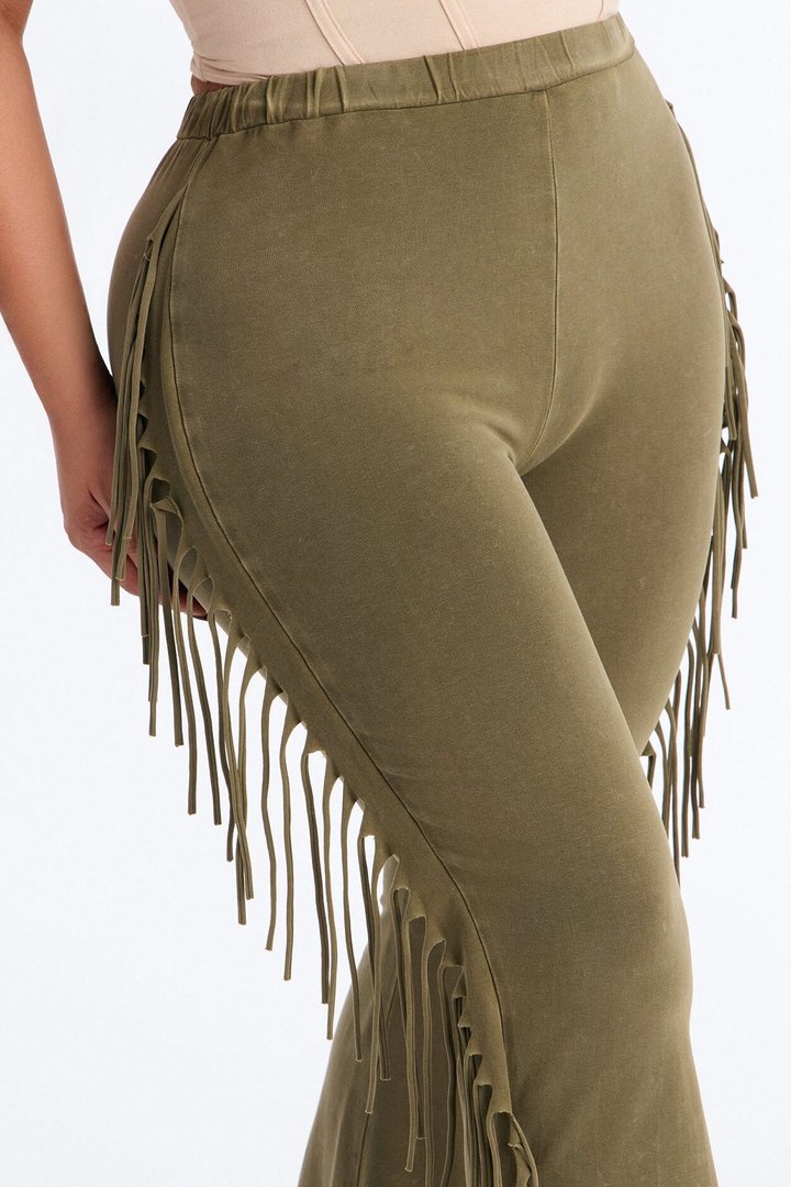 Josie Fringe Washed Mid Rise Flare Pant 33″ - Olive