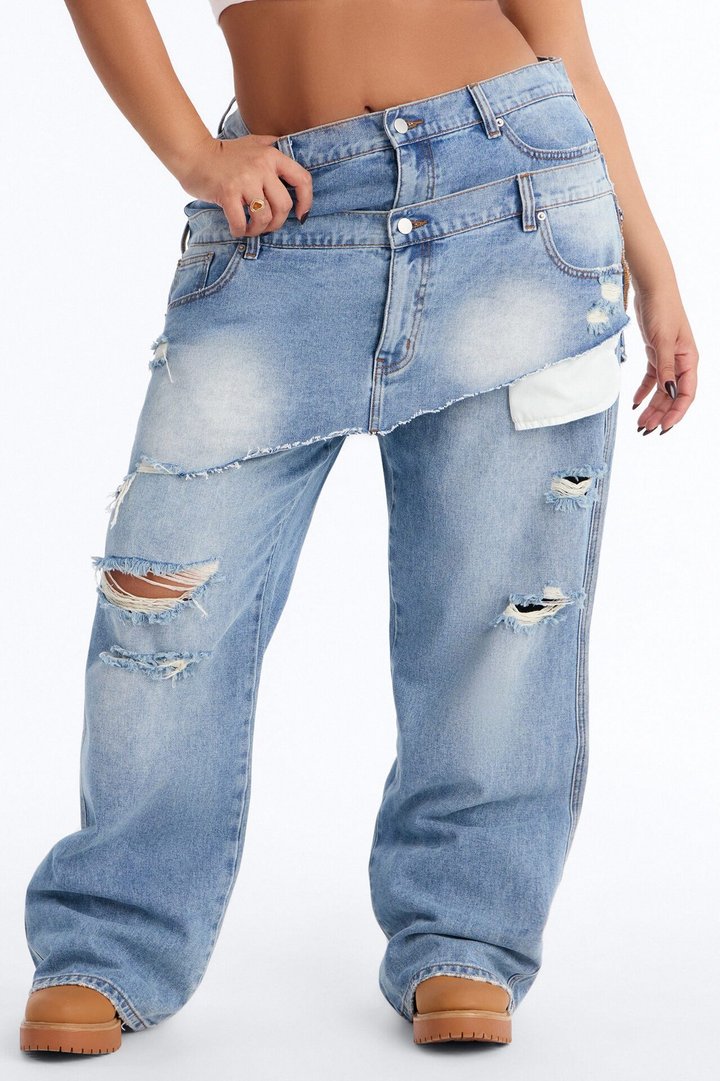 Strike It Up Skirt Overlay Ripped Jeans - Light Wash
