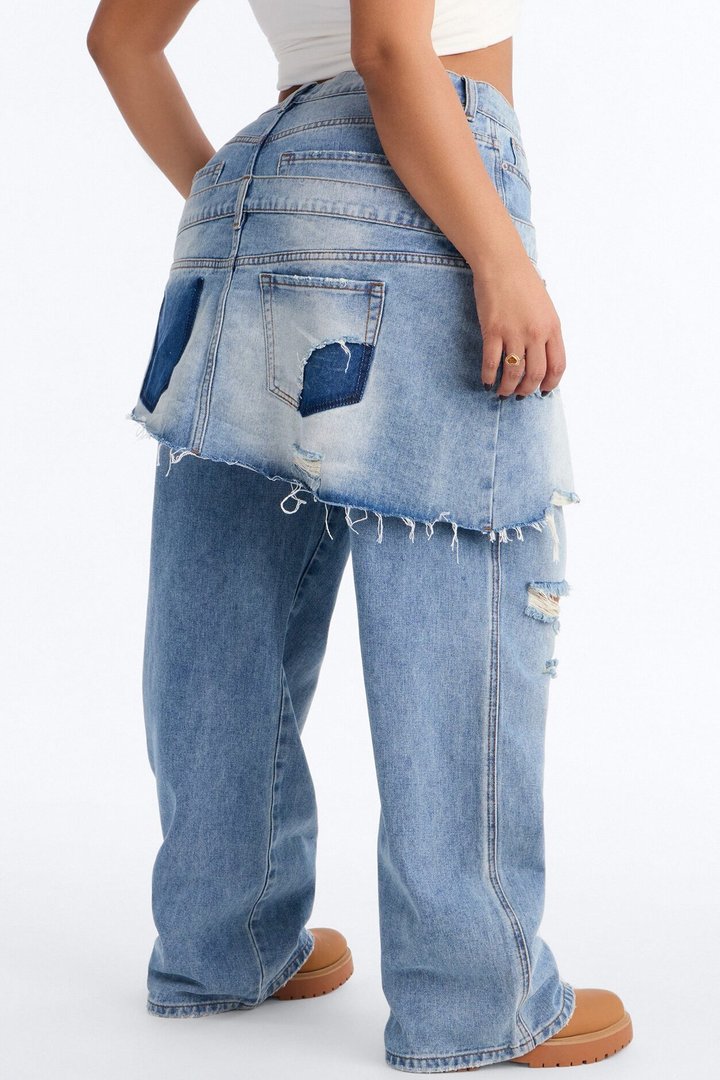 Strike It Up Skirt Overlay Ripped Jeans - Light Wash