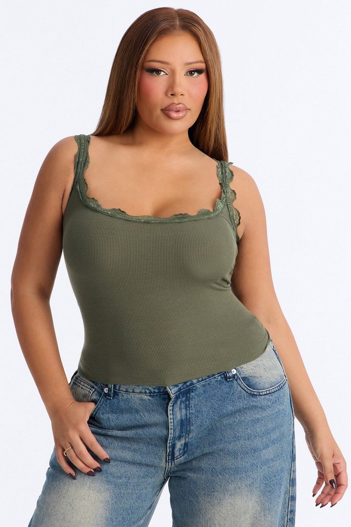 Julianna Lace Trim Tank - Olive