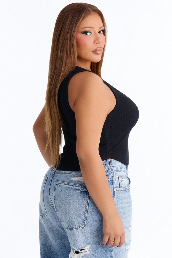 Haily Rib Square Neck Tank Top - Black