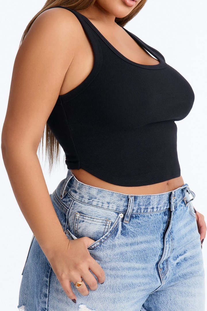 Haily Rib Square Neck Tank Top - Black