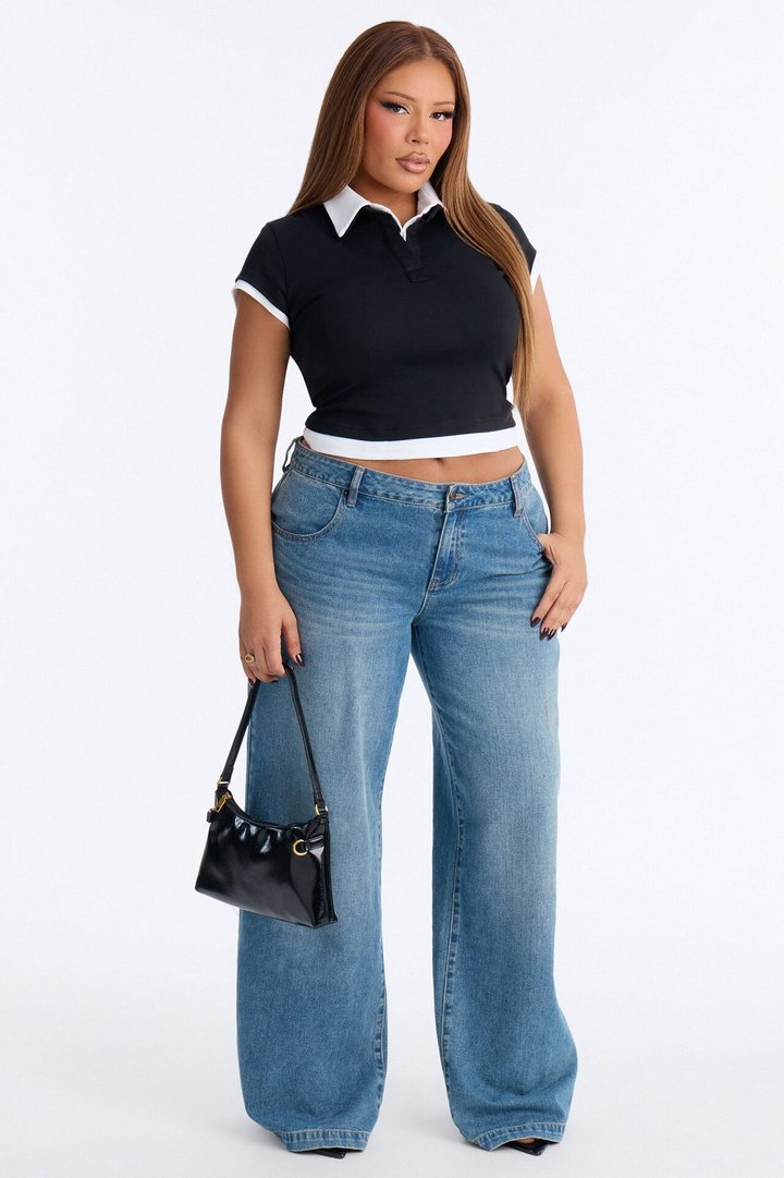 Haley Layered Short Sleeve Polo Top - Black/combo