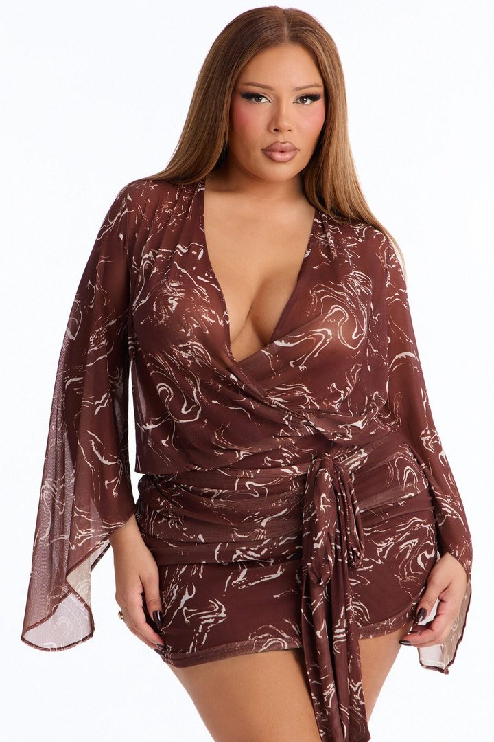 Daleyza Open Back Mesh Mini Dress - Brown/combo