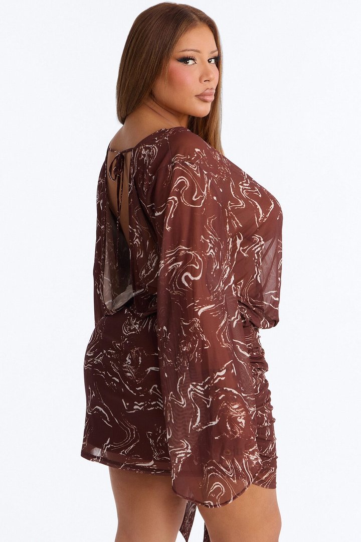 Daleyza Open Back Mesh Mini Dress - Brown/combo