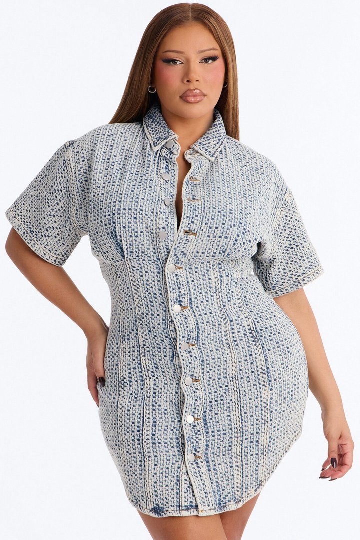Alessandra Textured Short Sleeve Denim Mini Dress - MediumWash