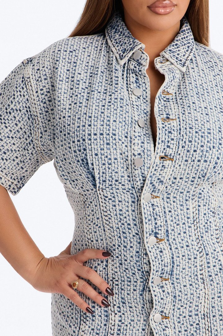 Alessandra Textured Short Sleeve Denim Mini Dress - MediumWash
