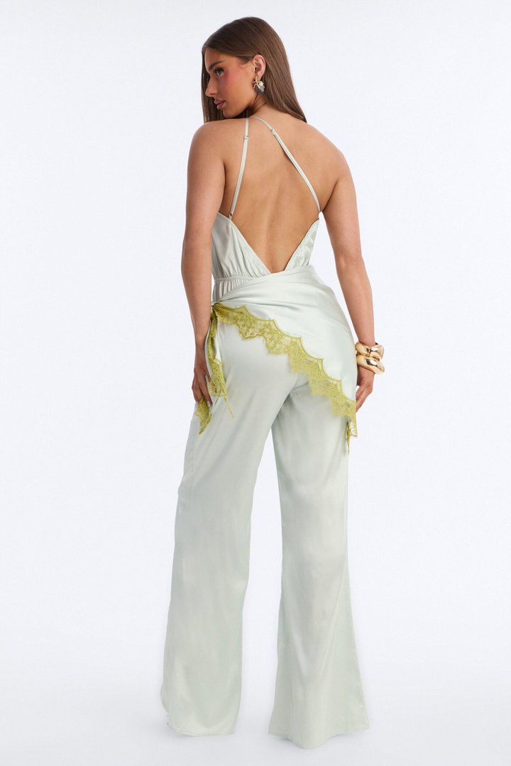 Valeria Satin Waist Scarf Wide Leg Jumpsuit - Mint