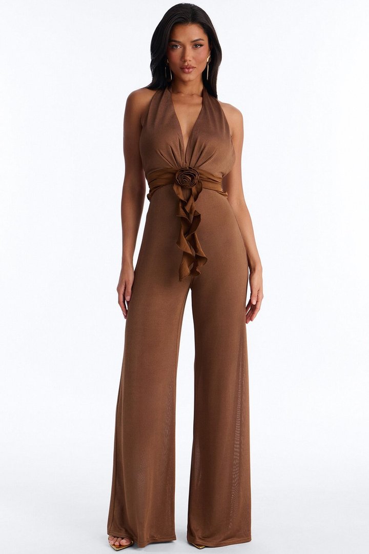 Bella Plunge Neck Backless Ruffle Jumpsuit - Chocolate