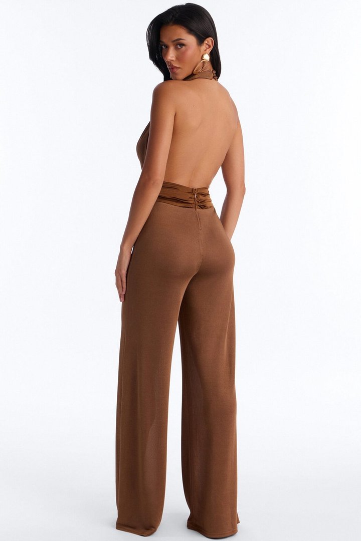 Bella Plunge Neck Backless Ruffle Jumpsuit - Chocolate