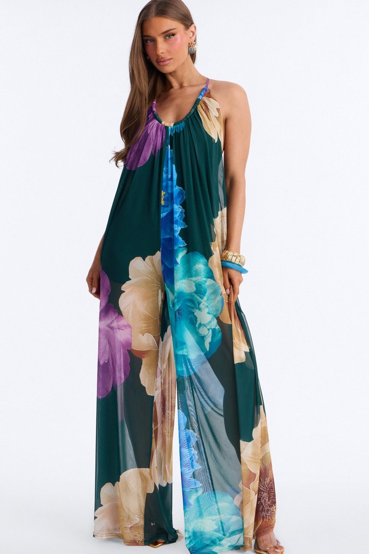 Valeria Mesh Floral Wide Leg Jumpsuit - Hunter