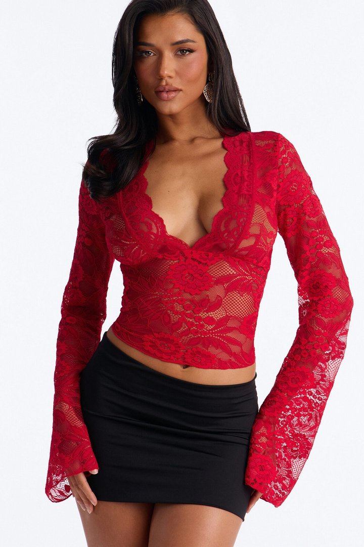 Romance Hour Sheer Lace Long Sleeve Top - Red